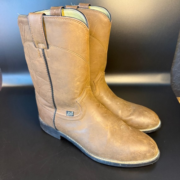 Justin‎ Basics Work Boots Pull On Round Toe Leather Brown Boots Size 9 EE - Picture 1 of 9